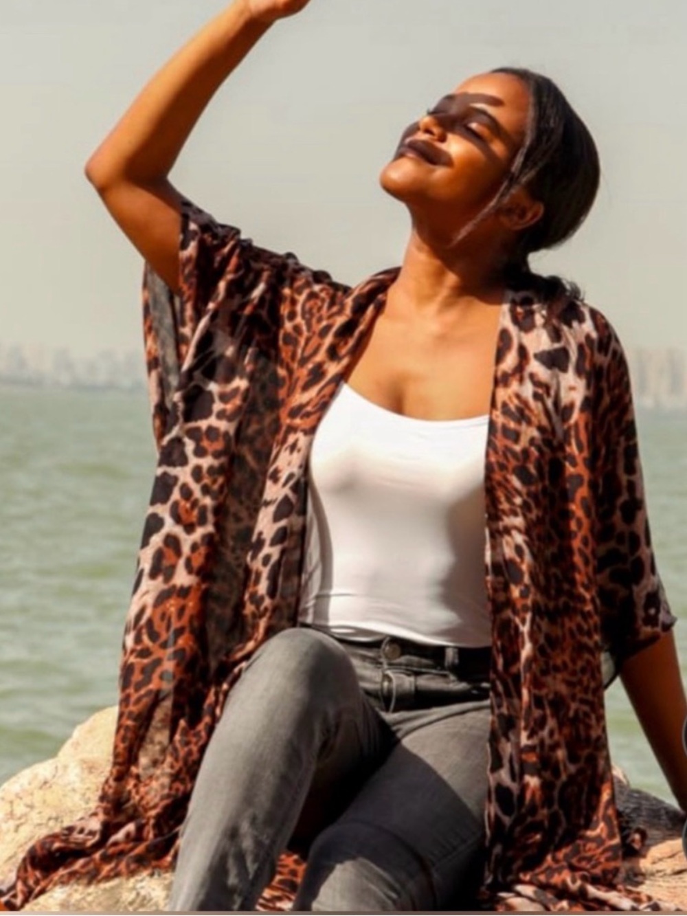 Moss Rose Leopard Shawl Wrap Kimono Duster Swimsuit Coverup OS